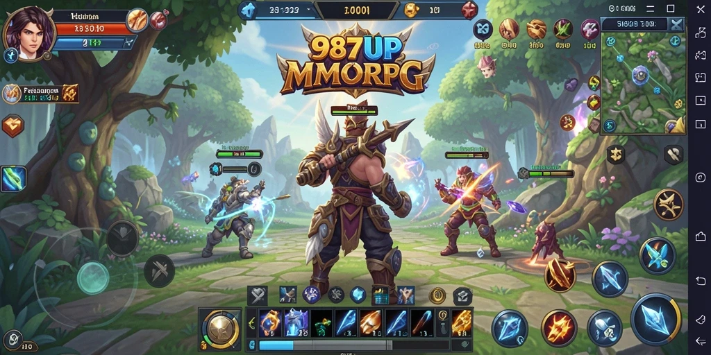 Screenshot gameplay 987UP yang menampilkan pertarungan epik dalam MMORPG.