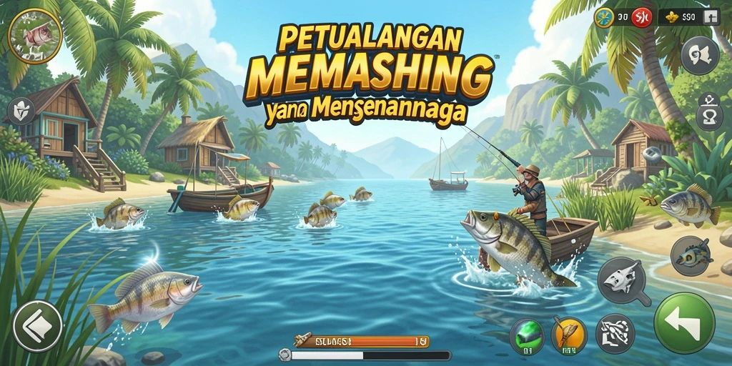 Tangkapan ikan besar dalam permainan 9SL dengan latar belakang pemandangan indah.