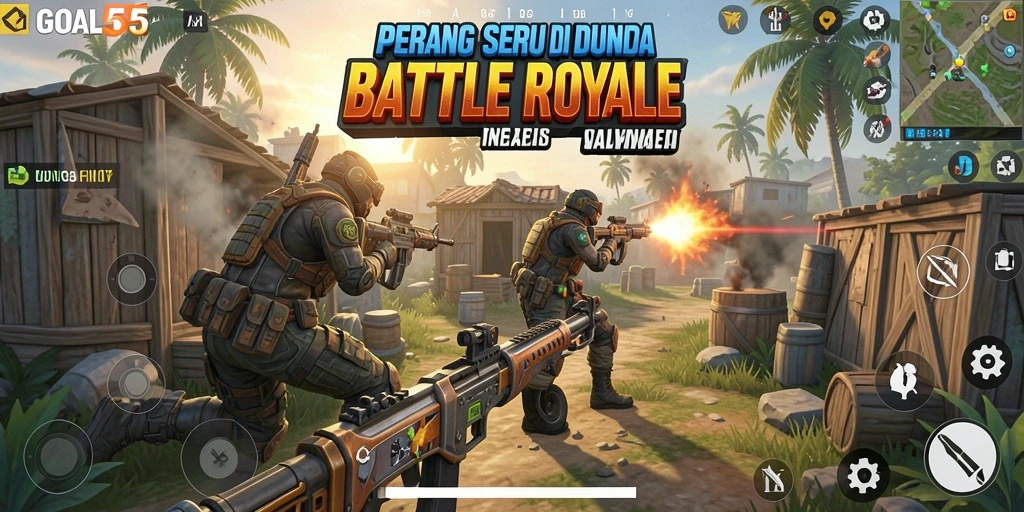 Tampilan gameplay seru di GOAL55 dengan aksi pertempuran Battle Royale.