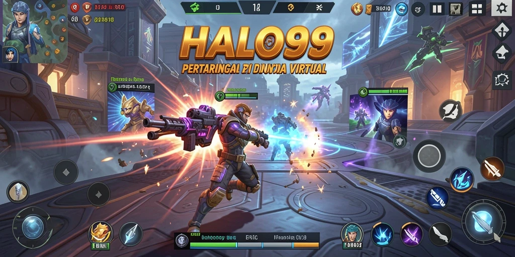 Screenshot HALO99 menampilkan karakter bertarung di arena yang penuh aksi.