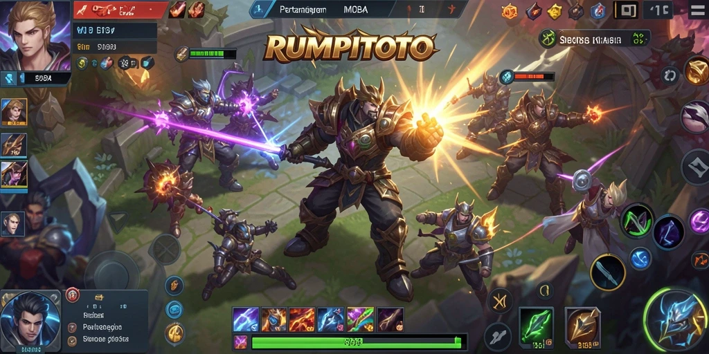 Tampilan seru dari gameplay RUMPITOTO dalam pertempuran MOBA.