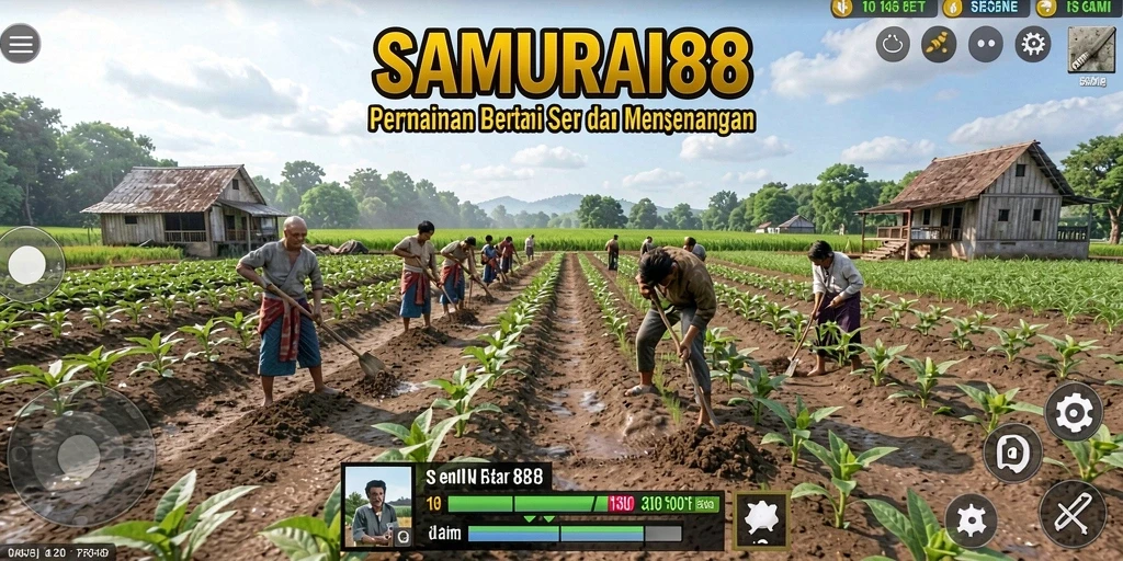 Tampilan menarik dari gameplay <strong>SAMURAI88</strong> yang menunjukkan aktivitas bertani.