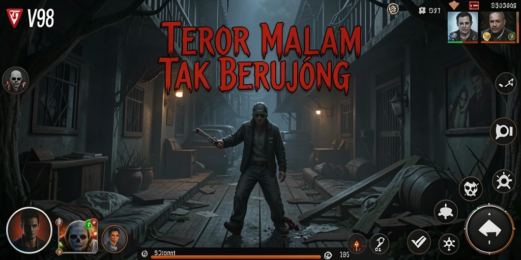 Screenshot V98 menampilkan suasana mencekam dengan karakter yang menghadapi ancaman menyeramkan.
